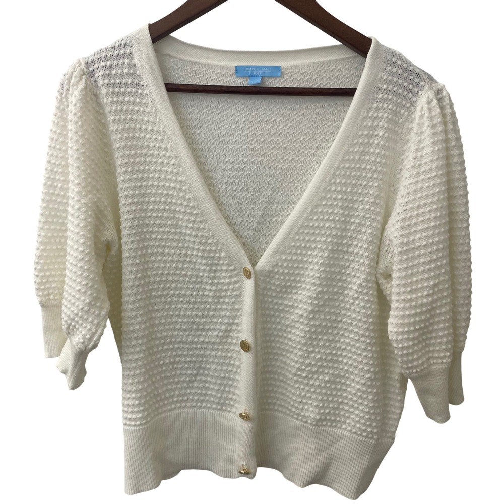 Draper James RSVP Off White Textured Puff Sleeve Cardigan Sweater Large